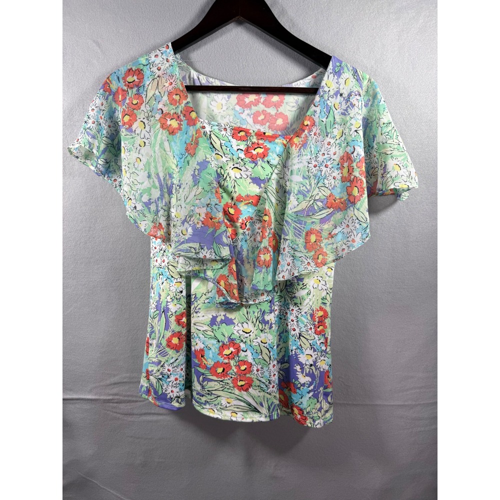 Floral Ruffle Square Neck Blouse Short Sleeve Garden Print Top Multi-Color